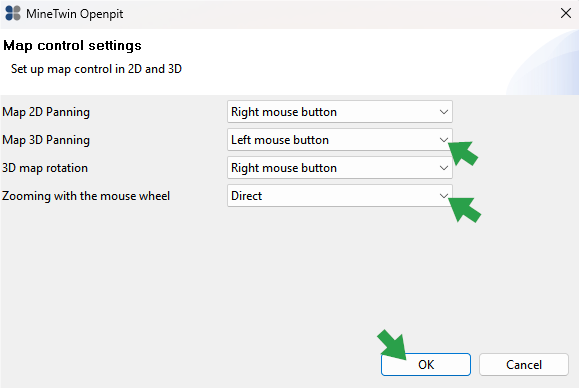 "Map control settings window with options for panning, rotation, and zooming. OK button highlighted for confirmation."