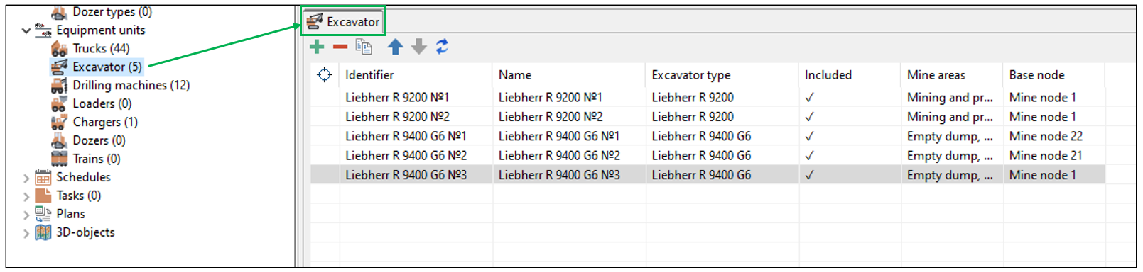 The image displays a software interface showcasing equipment units, focusing on 5 excavators with details in a table view.