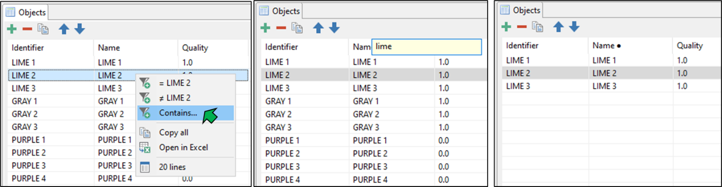 A table displays objects with an identifier, name, and quality columns; a dropdown filters rows containing "lime".