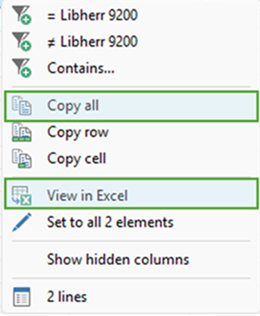 UI menu displaying options like filter, copy (all, row, cell), view in Excel, and show hidden columns.