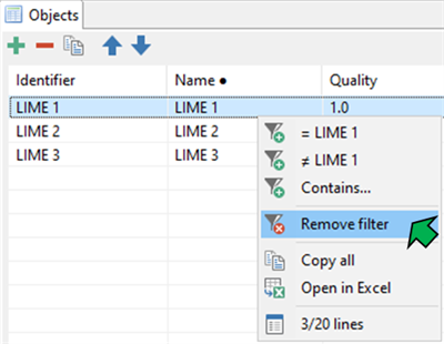 A table of objects shows identifiers, names, and quality. A context menu offers filter options, with "Remove filter" highlighted.
