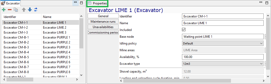 Interface showing excavator properties: identifiers, status, type, and operational settings in a split-pane layout.
