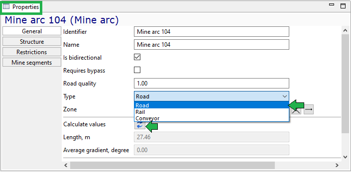 Properties window with dropdown for "Type" selection: Road, Rail, Conveyor. "Mine arc 104" identifier.