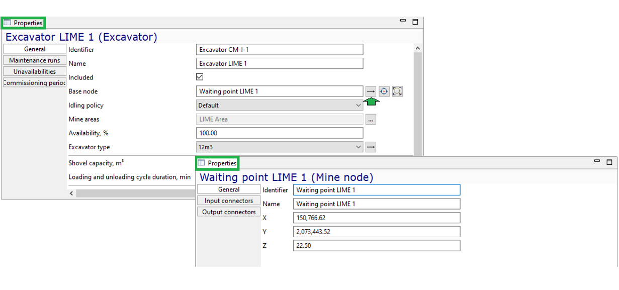 Two software windows displaying properties for \"Excavator LIME 1\" and \"Waiting point LIME 1\" with detailed fields.