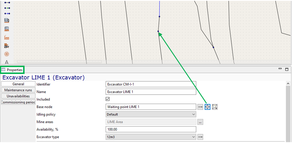 User interface showing properties of "Excavator LIME 1," with settings for identifiers, waiting point, and mine areas.