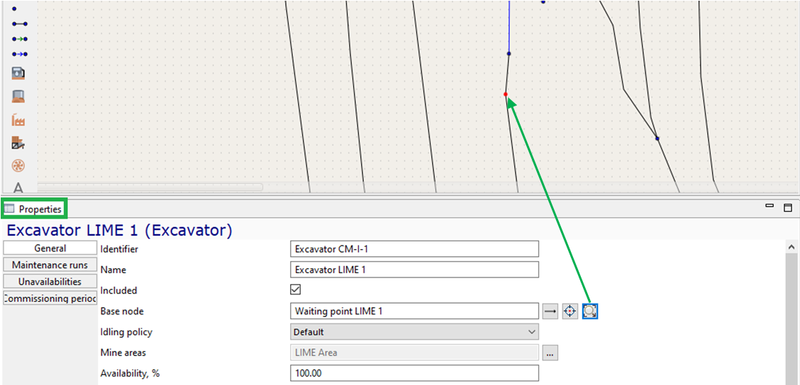 UI displaying properties for "Excavator LIME 1," including identifier, name, inclusion, base node, and availability settings.