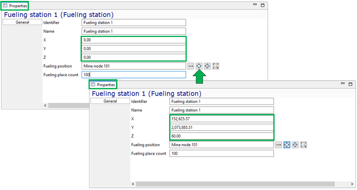 Two windows show editing of "Fueling station 1" properties, updating coordinates X, Y, Z from zeros to specific values.
