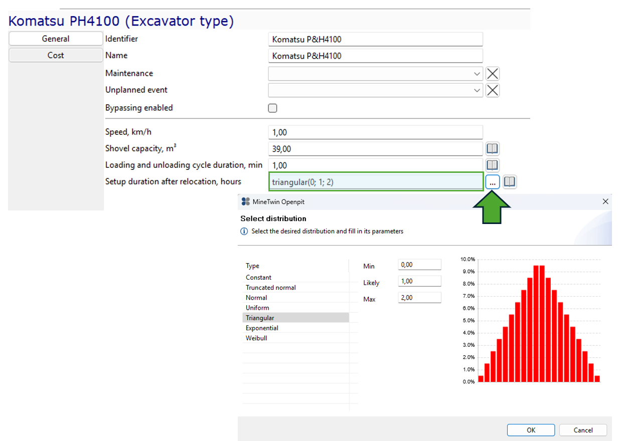 Komatsu PH4100 settings interface showing triangular distribution parameters with graph and selectable distribution options.