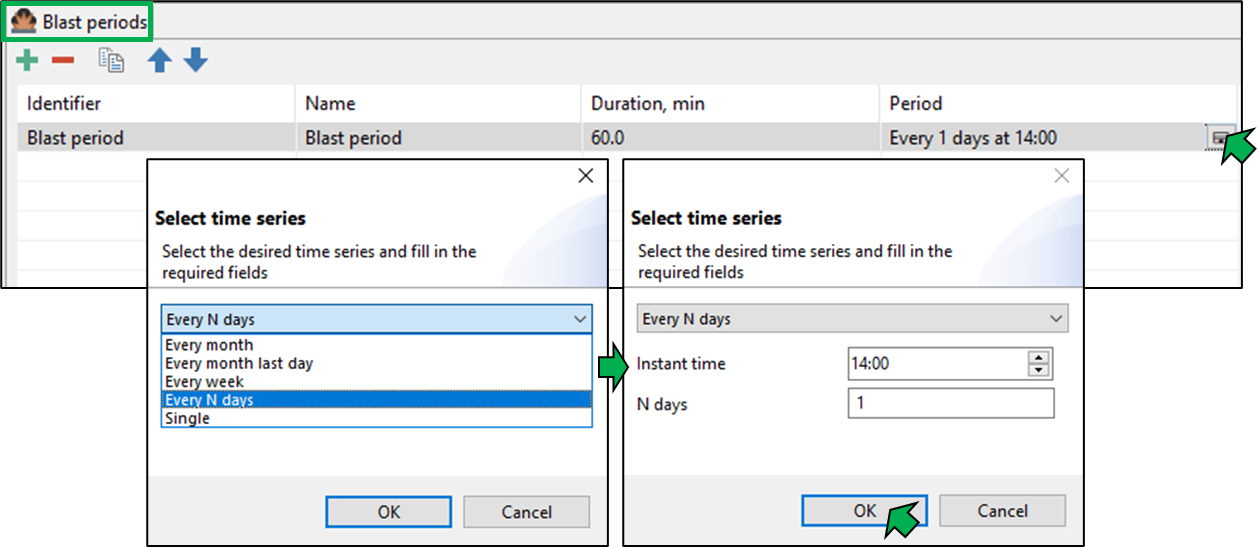 Interface for setting blast periods: select time series, configure instant time, and frequency in days, then confirm with OK.
