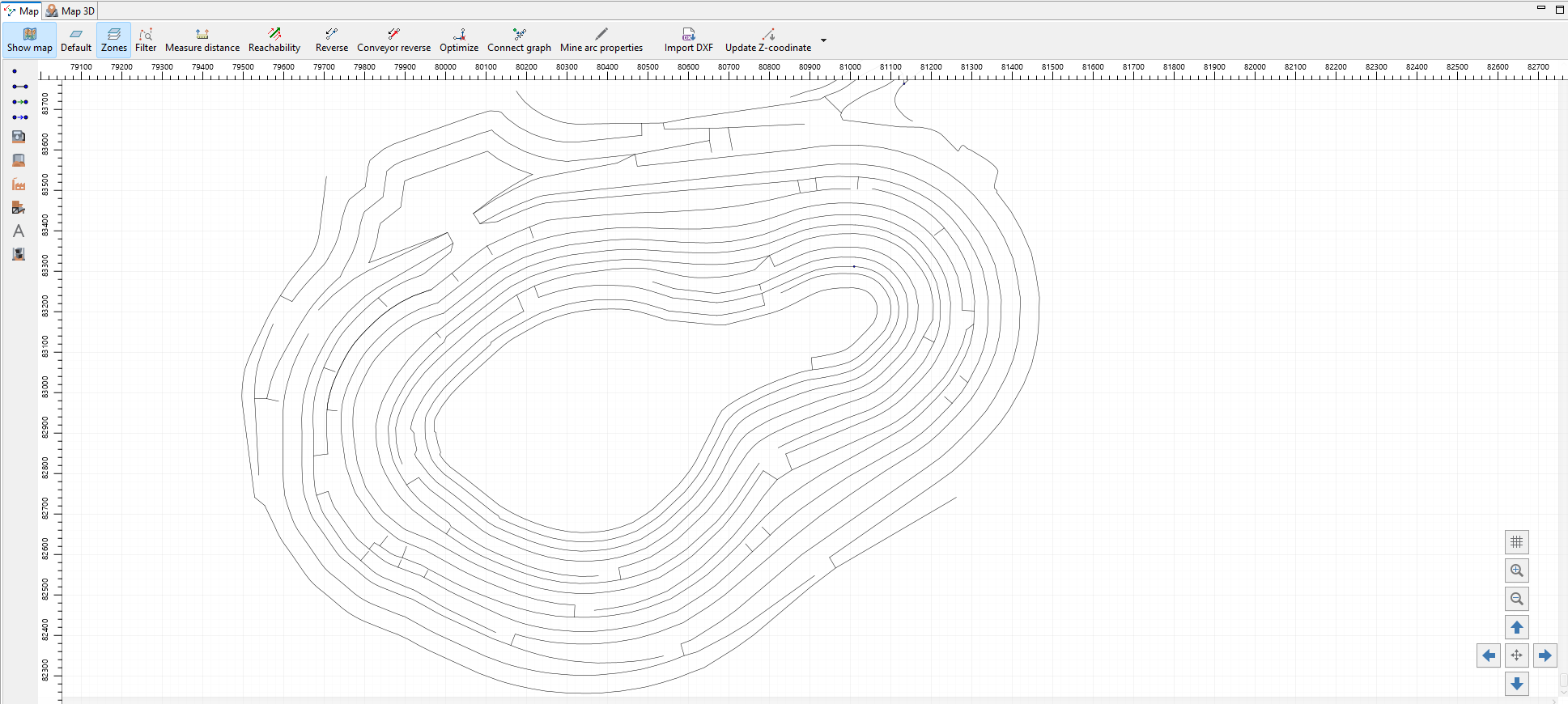 The image shows a topographic map with contour lines and a toolbar for editing and measurement tools.