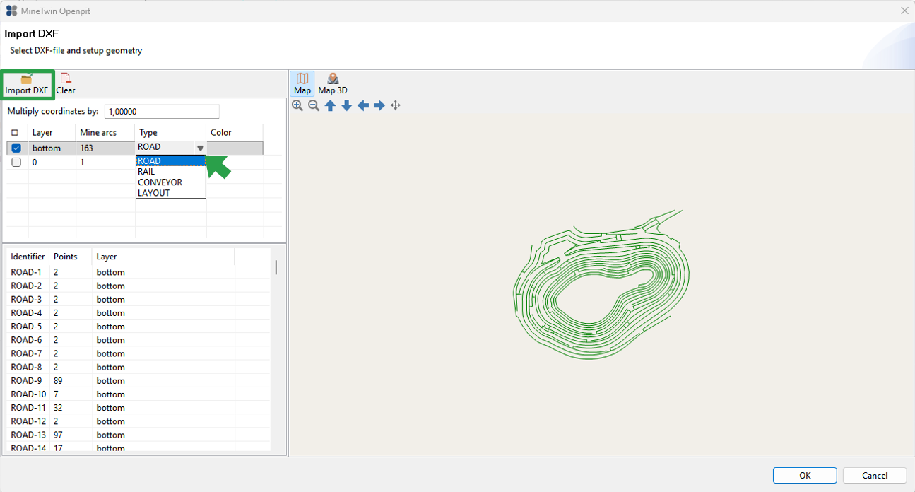 DXF import window showing contour lines with layer types, options for road/rail, and map navigation controls.