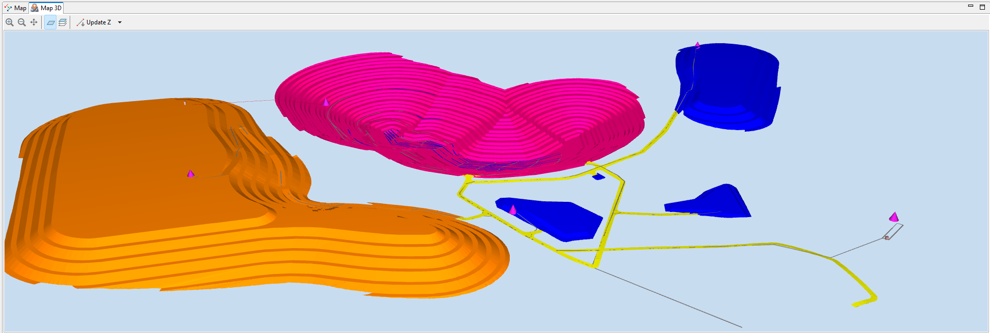 3D terrain model with multicolored contour plots, depicting elevations and paths on a light blue background.