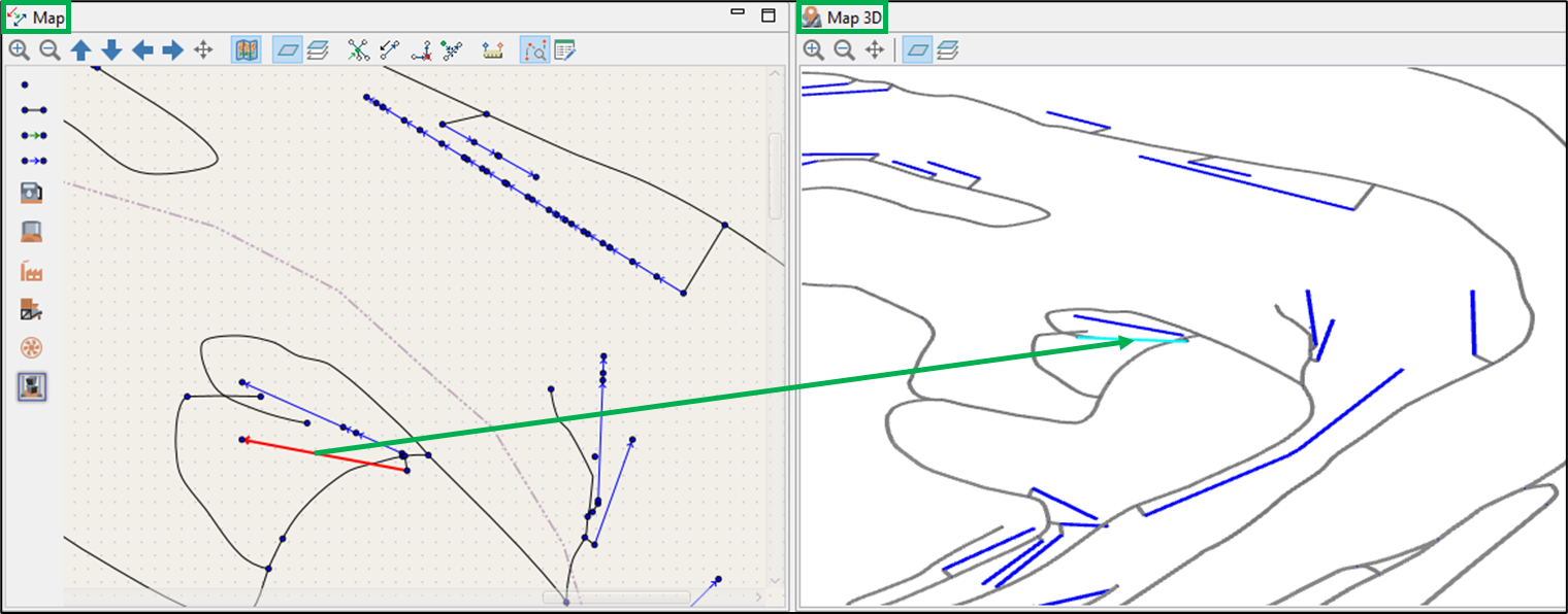 Two map views with overlaid vector paths and nodes, connected by a green arrow. Left: 2D; Right: 3D representation.