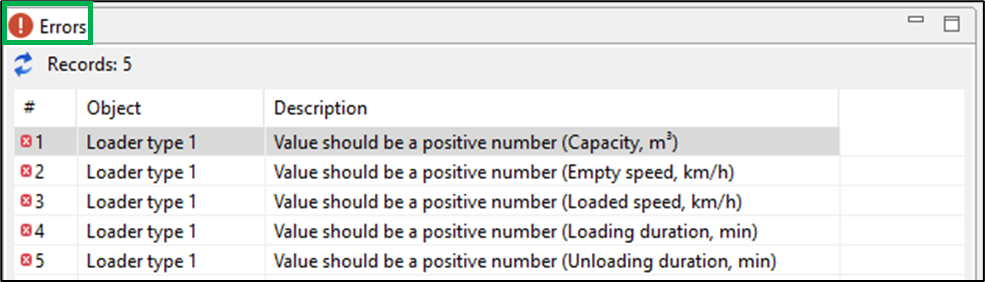 Error log with 5 records for \"Loader type 1\" indicating values must be positive for various parameters.