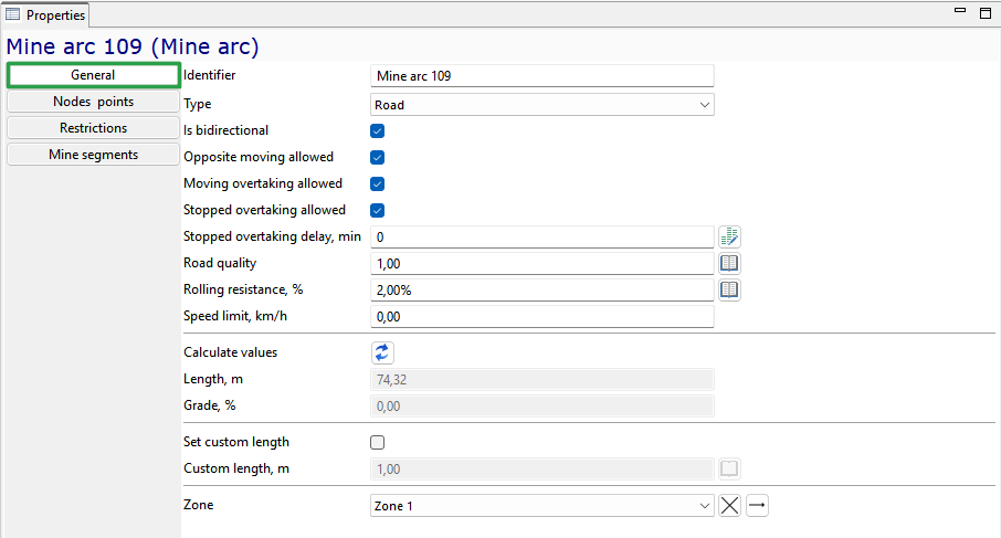 Properties window showing settings for "Mine arc 109" with tabs for General, Nodes points, Restrictions, Mine segments.