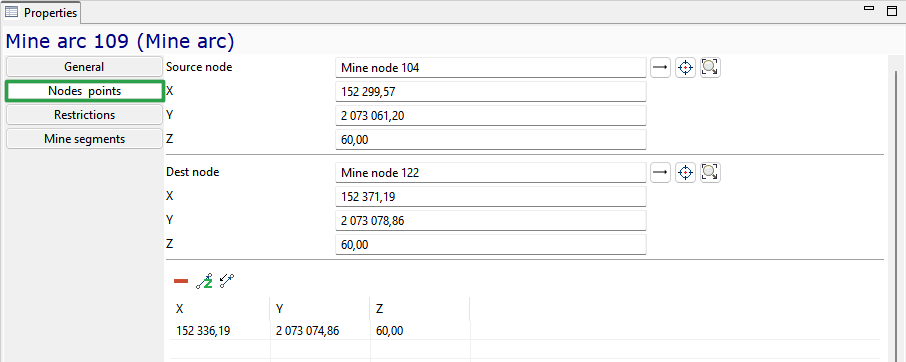 Properties window displaying node coordinates (X, Y, Z) for a mine arc with source and destination nodes.