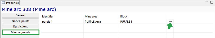 Properties window displaying Mine arc 308 details with tabs and data fields.