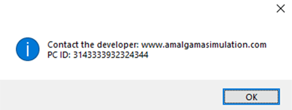 Pop-up with developer contact info and PC ID. Includes \"OK\" button for user acknowledgment.