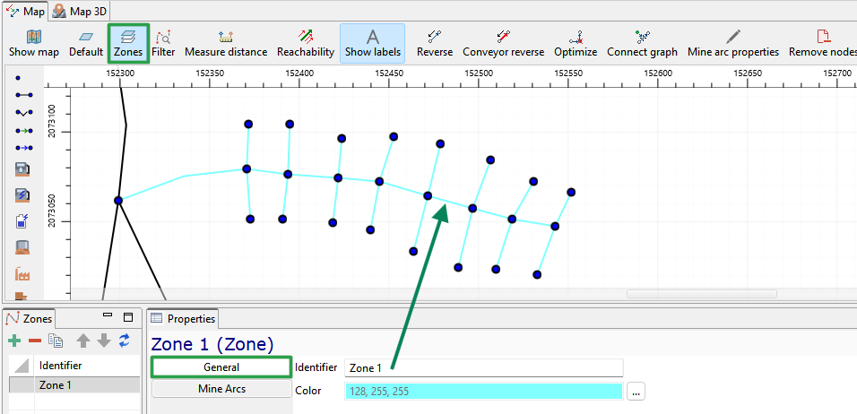 Interface showing a map, toolbar with editing options, a highlighted zone, and properties with zone identifier and color details.