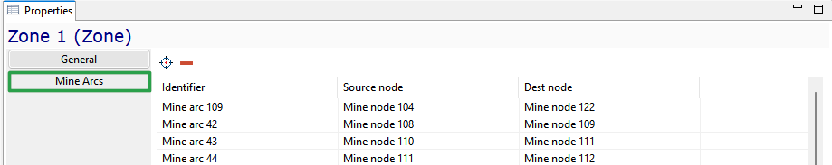Properties window showing "Zone 1," listing mine arc identifiers with source and destination nodes.
