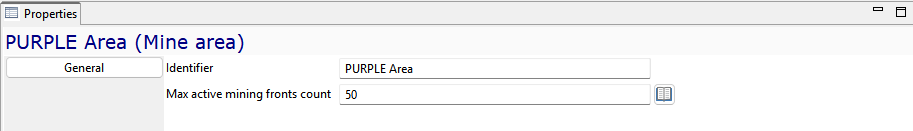 Properties window for \"PURPLE Area\" with identifier and max active mining fronts count set to 50.