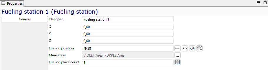 Properties window for Fueling station 1; includes identifier, coordinates, position N°38, areas, and place count.