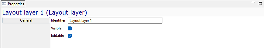 Properties window for \"Layout layer 1\" showing options for visibility and editability with checkboxes under the General tab.
