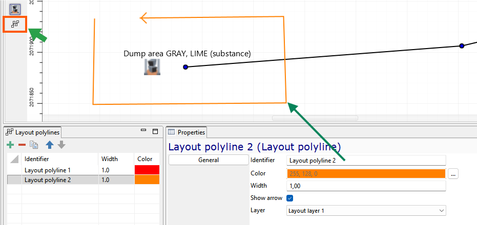 Diagram showing polyline layout with properties and identifiers. Highlights specific polyline settings including color and width.