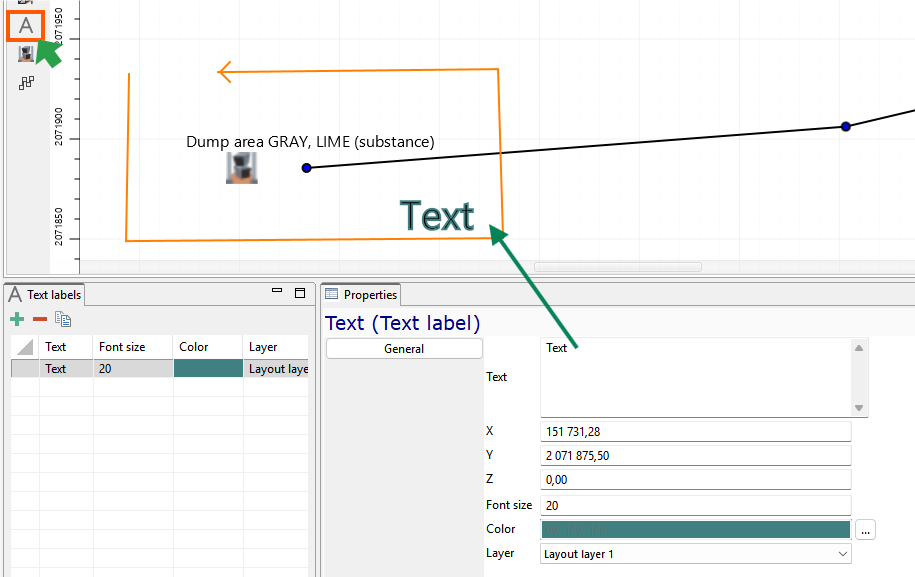 Image shows a text label setup interface with properties like font size, color, and layer coordinates.