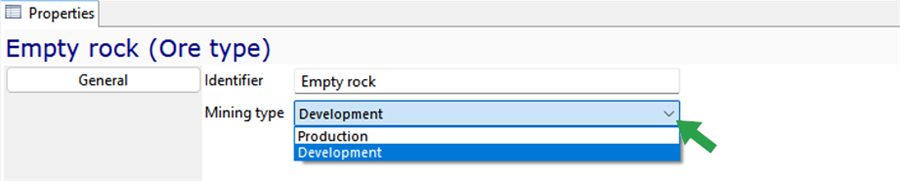 Dropdown menu under \"Mining type\" with options \"Development\" and \"Production\" selected \"Development.\"