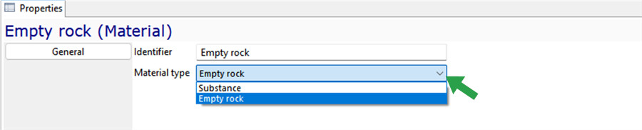 Dropdown menu in properties panel showing \"Empty rock\" and \"Substance\" under Material type.
