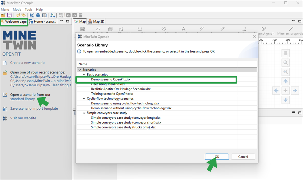 MineTwin Openpit interface showing \"Scenario Library\" with \"Demo scenario OpenPit.xlsx\" selected and OK button indicated.