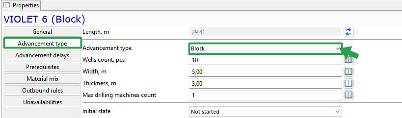 Interface showing "Advancement type" with fields for length, wells count, width, thickness, and initial state selection.