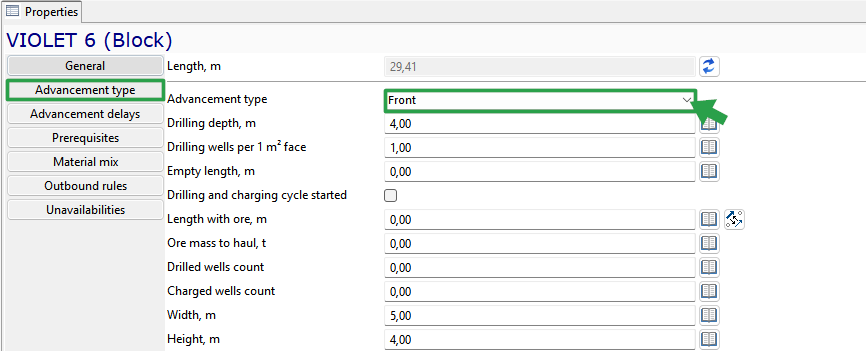 UI window displaying VIOLET 6 block properties with editable fields for drilling and advancement details.