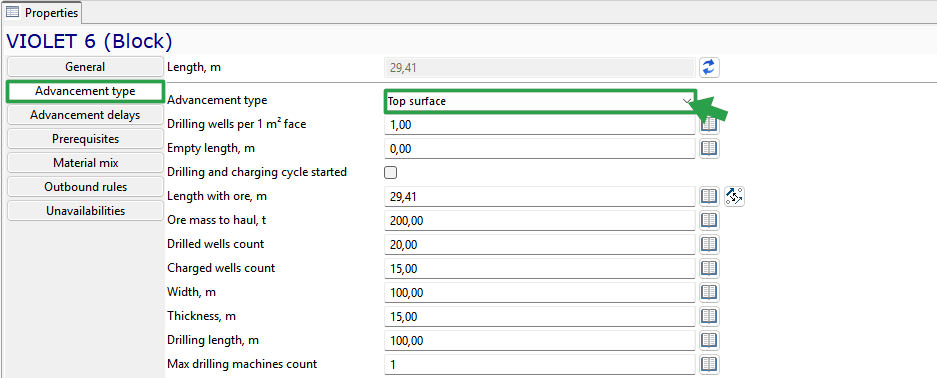UI of a properties panel showing \"Advancement type\" options and related input fields for a block named VIOLET 6.