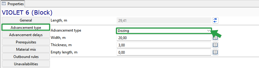 Properties panel shows \"VIOLET 6 (Block)\" with Advancement type set to \"Dozing\" and dimensions in meters.