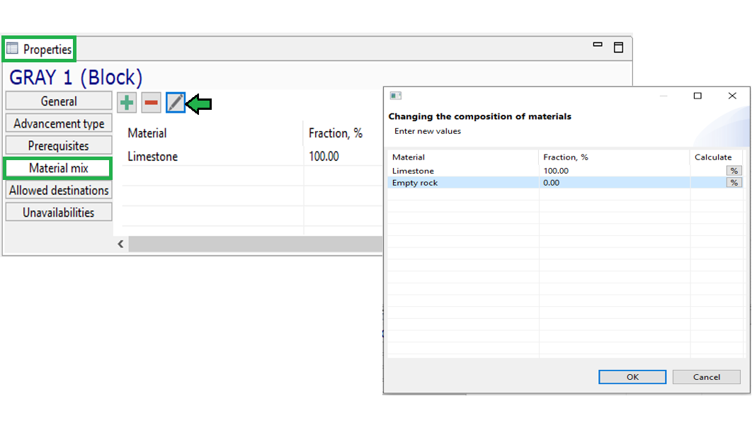 Interface for editing material composition; includes "Add," "Remove," and "Edit" buttons, plus a dialog box for values.