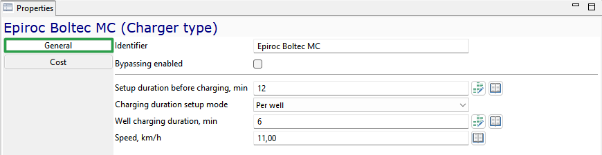 Epiroc Boltec MC properties window showing settings for charging duration, speed, and setup options.