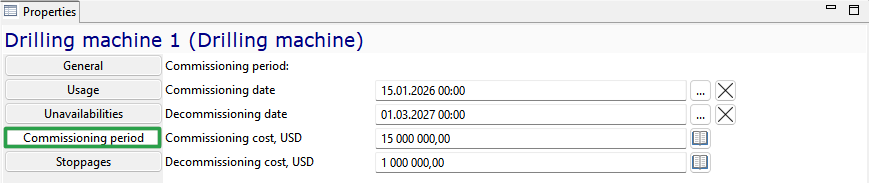 Commissioning period details for Drilling Machine 1: dates and costs with editable fields for commissioning and decommissioning.