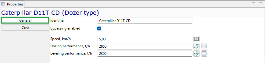 Caterpillar D11T CD properties window showing general info: speed, dozing, and leveling performance. Bypassing enabled.