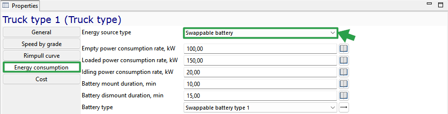 Energy consumption settings for Truck Type 1, with swappable battery and configurable power and duration parameters.