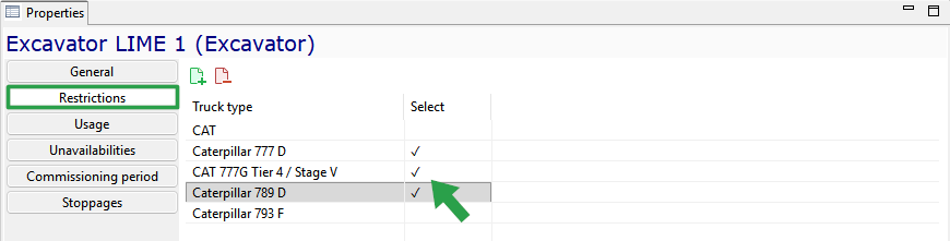 The image shows a properties window for "Excavator LIME 1," selecting Caterpillar truck types with check marks.