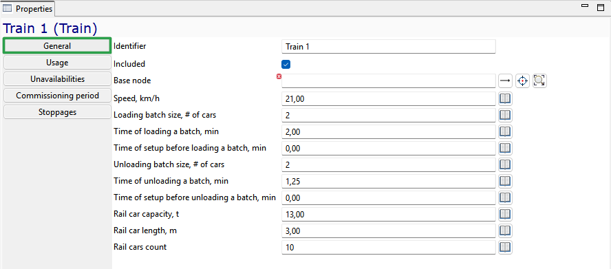 Train properties interface with tabs and fields: identifier, speed, loading, unloading, capacity, and car count.