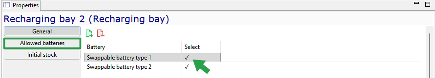 Recharging bay interface shows selectable swappable battery types with check marks and a green arrow indicating selection.