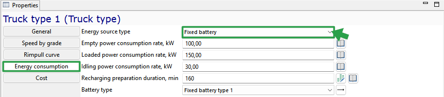 Energy consumption settings for Truck Type 1, showing power rates and battery options in a properties window.