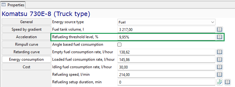 Komatsu 730E-8 truck properties: fuel volume 3217 L, refuel threshold 9.95%, consumption rates, refuel speed 214 L/min.