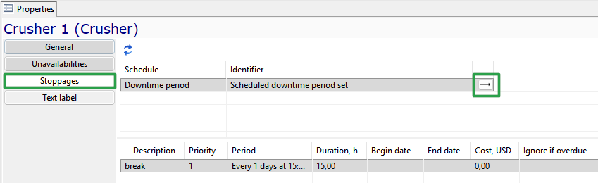 Crusher 1 properties: Stoppages tab shows scheduled downtime details with a list of parameters and a control button.