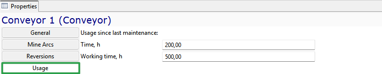 Properties window for Conveyor 1 showing usage details: Time (200.00h) and Working time (500.00h) since last maintenance.