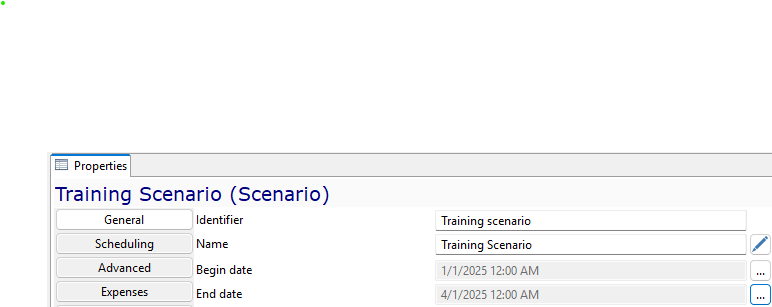 Properties window showing a \"Training Scenario\" with tabs and date fields from 1/1/2025 to 4/1/2025.