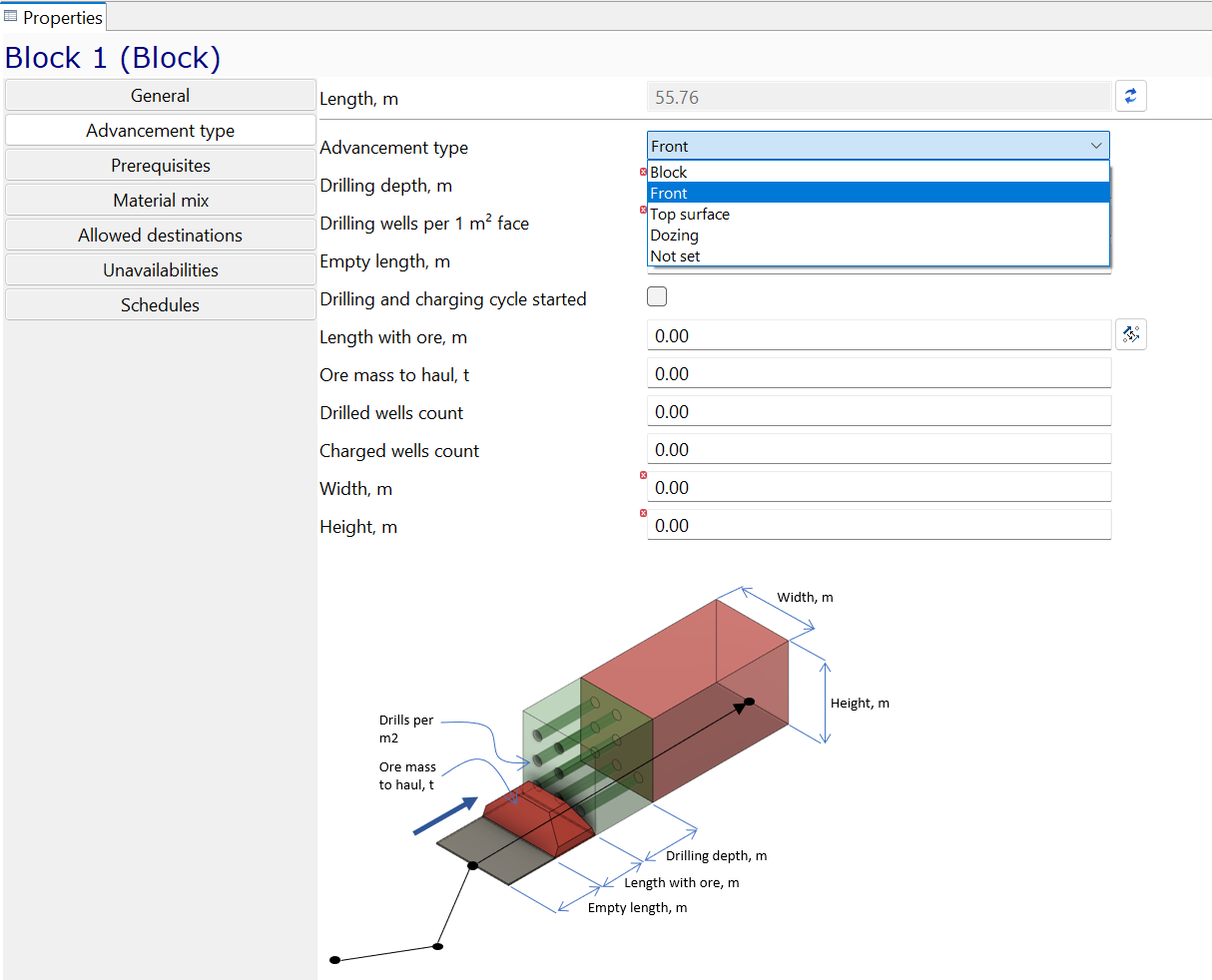 Interface for configuring block properties with parameters and a 3D diagram.